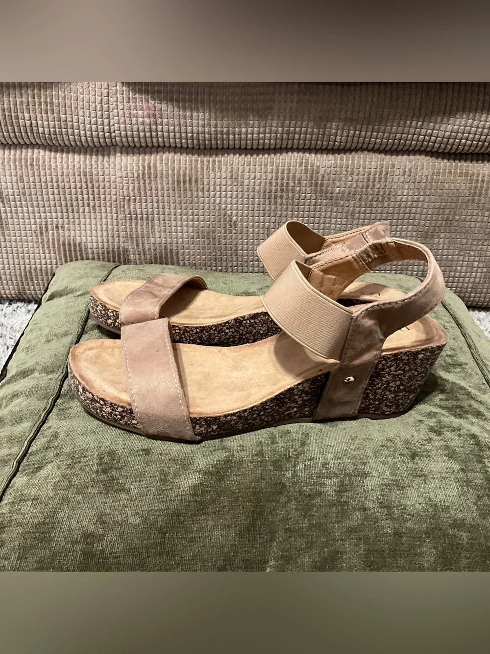 Neutral Taupe Suede Cork Wedge Sandals with Elastic Back